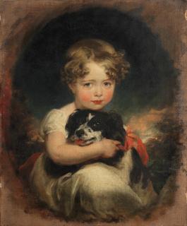 Sir Thomas Lawrence P.R.A. - Portrait of Jane Allnutt with her pet spaniel, within a painted oval
