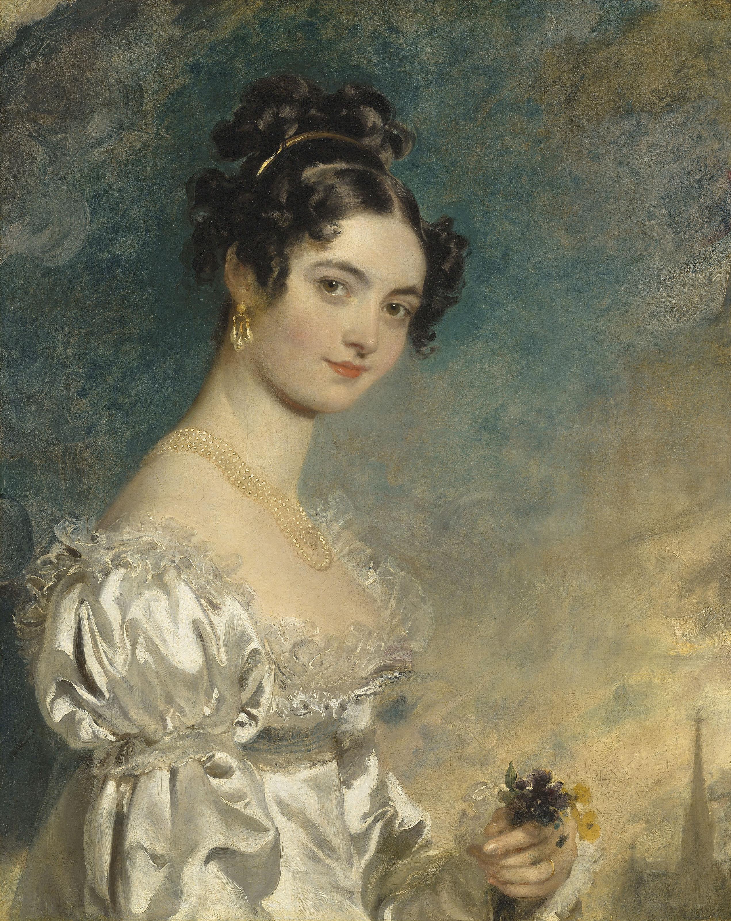Sir Thomas Lawrence, P.R.A. - Portrait of Lady Selina Meade (1797–1872), half-length, in an ivory satin dress, with the spire of St. Stephen’s Cathedral, Vienna, beyond