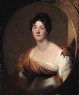 Sir Thomas Lawrence, P.R.A. - Portrait of Lucy Meredith, seated half-length, in a white dress with a paisley sash, in a feigned stone cartouche