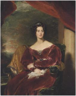 Sir Thomas Lawrence, P.R.A. - Portrait of Mary, Countess of Wilton (1801-1858), three-quarter-length, seated, in a red velvet dress with a brooch, a landscape beyond