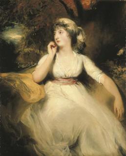 Sir Thomas Lawrence, P.R.A. - Portrait of Miss. Selina Peckwell, later Mrs. George Grote, three-quarter length, in a white dress, seated in a landscape