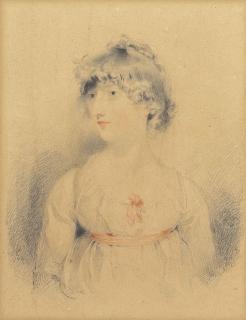Sir Thomas Lawrence, P.R.A. - Portrait of Miss Semple, half-length, in a white dress and red sash and bow
