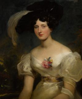 Sir Thomas Lawrence, P.R.A. - Portrait of Mrs. Hart Davis, half length, in a white gown with a gold sash and a black velvet hat