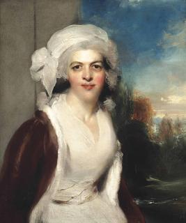 Sir Thomas Lawrence, P.R.A. - Portrait of Rebecca, Lady Simeon (d.1830), half-length, in a white dress and fur wrap, a wooded landscape beyond