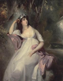 Sir Thomas Lawrence, P.R.A. - Portrait of Sarah Martha (Sally) Siddons (1775-1803), daughter of Sarah Siddons, the actress, three-quarter-length, wearing a white dress with a pink shawl, seated by a pond in a wooded landscape