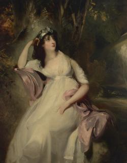 Sir Thomas Lawrence, P.R.A. - Portrait of Sarah Martha (Sally) Siddons (1775-1803), daughter of the actress, Sarah Siddons, three-quarter-length, in a white dress with a pink shawl, seated by a pond in a wooded landscape