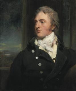 Sir Thomas Lawrence, P.R.A. - Portrait of Sir George Cornewall, 3rd Bt. (1774-1835), of Mocass Court, bust-length, in a black coat and a white stock, a landscape beyond
