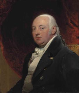 Sir Thomas Lawrence, P.R.A. - Portrait of Thomas Penrice, half-length, seated, in a blue coat, before a draped red curtain