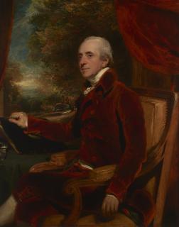 Sir Thomas Lawrence, P.R.A. - Portrait of William Baker, (1743-1824), three-quarter-length seated, in a red dress coat, with a landscape beyond