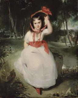 Sir Thomas Lawrence, P.R.A. - The Woodland Maid\': Portrait of Miss Emily de Visme (1787-1873), full-length, seated in a wooded landscape, in a white dress with a pink sash and a straw bonnet with red ribbons