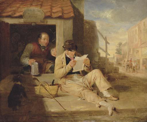 Sir William Allan, R.A., P.R.S.A. - The cobblers: Portrait of a man, small full-length, reclining reading a newspaper by a cobblers