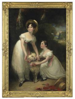 Sir William Beechey, R.A. - Double portrait of Misses Emily and Marie Ashworth, full-length, playing with a lamb in a landscape, a waterfall beyond