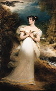 Sir William Beechey, R.A. - Lillian: Portrait of Miss Mary Payne, later Mrs. Dolphin, full-length, in an ivory gown, holding a thrush in her clasped hands, an eagle swooping towards the thrush, in a wooded landscape