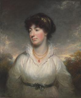 Sir William Beechey, R.A. - Portrait of a lady, bust-length, in a white dress, standing in a landscape