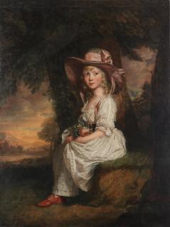 Sir William Beechey R.A - Portrait of a young girl in a white dress, seated full-length, in a landscape