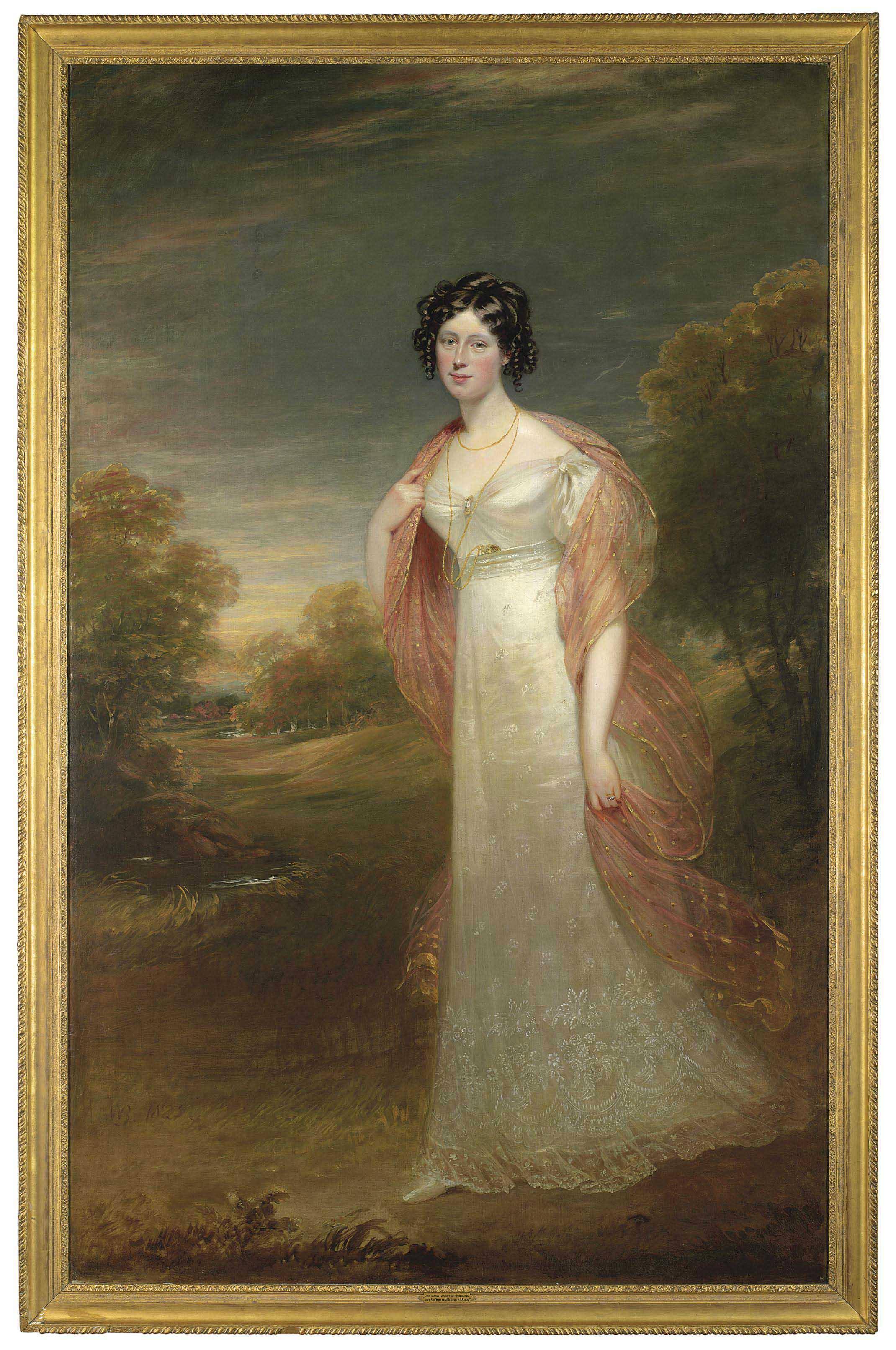 Sir William Beechey, R.A. - Portrait of Ann Maria Harriet de Rhodes (1793-1849), full-length, in a white dress and pink chiffon wrap, a wooded landscape beyond