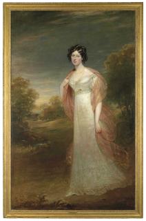 Sir William Beechey, R.A. - Portrait of Ann Maria Harriet de Rhodes (1793-1849), full-length, in a white dress and pink chiffon wrap, a wooded landscape beyond