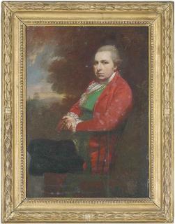 Sir William Beechey, R.A. - Portrait of Charles William le Geyt, seated, three-quarter-length, in a red coat, green waistcoat and black breeches, a book in his right hand, a landscape beyond