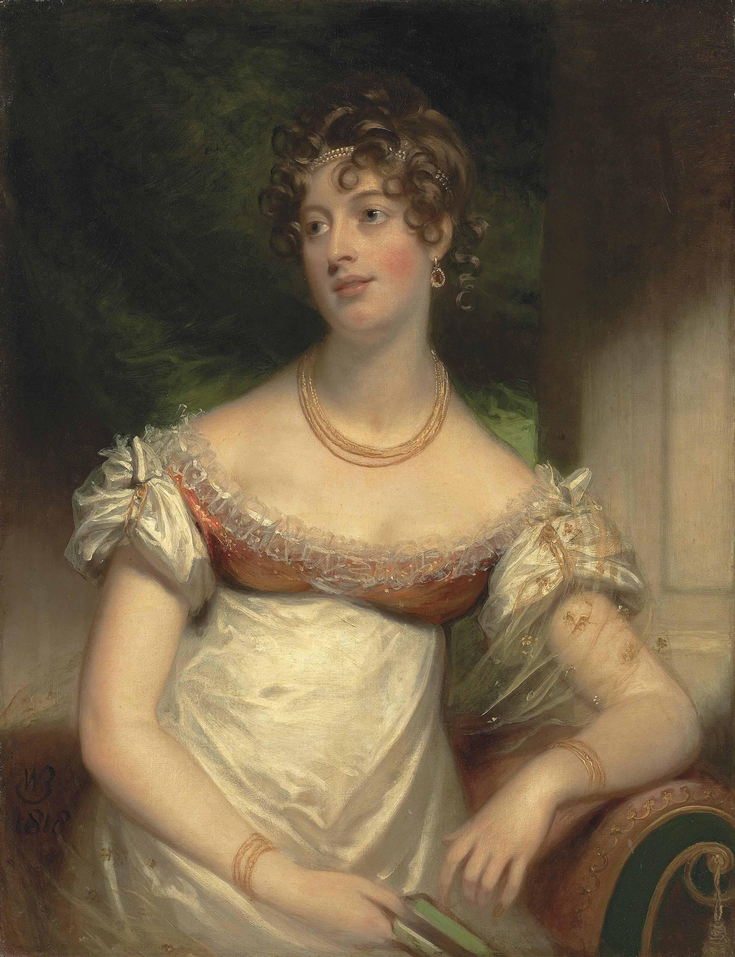 Sir William Beechey, R.A. - Portrait Of Miss Anne Lee, Half-Length, In A White Dress, With A Gold Necklace And Bracelets, Pearls In Her Hair, A Book In Her Right Hand, In An Interior
