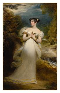 Sir William Beechey, R.A. - Portrait Of Miss Mary Payne, Later Mrs. Dolphin, Full-Length, In A White Gown And Holding A Thrush As An Eagle Swoops Toward Her, In A Wooded Landscape