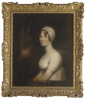 Sir William Beechey, R.A. - Portrait of Miss Morley, three-quarter-length, in a white dress and yellow glove, a landscape beyond