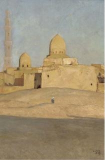 Sir William Blake Richmond, R.A. - A figure on sand dunes befoe a Cairo Mosque