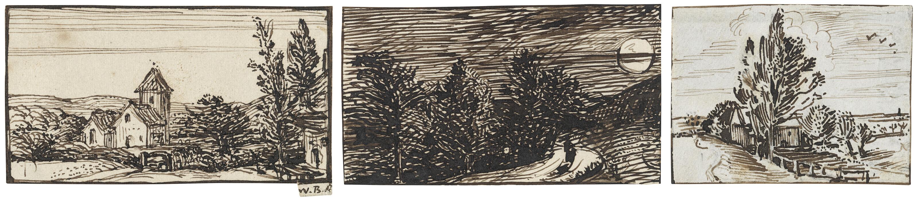 Sir William Blake Richmond, R.A. - Three landscape studies: Sunday morning; Saturday night; and A wooded landscape with a fence