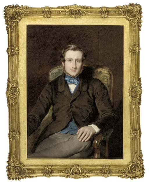 Sir William Charles Ross, R.A. - A young gentleman, seated in a green upholstered chair with his left hand on his left knee, facing right in brown coat and grey trousers, blue waistcoat, white shirt and spotted blue bowtie, light brown hair and beard