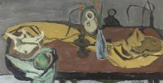 Sir William George Gillies, R.S.A., P.R.S.W., R.A. - Still life; Yellow Cloth & Blue Vase