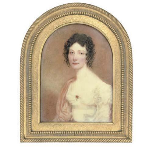 Sir William John Newton - A lady, in white dress with ruby brooch at corsage, a pink stole over her shoulder, her hair in ringlets