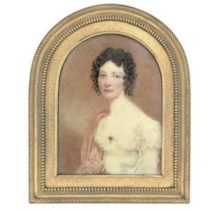 Sir William John Newton - A lady, in white dress with ruby brooch at corsage, a pink stole over her shoulder, her hair in ringlets