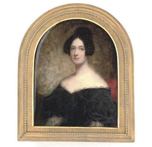 Sir William John Newton - Miss Hope Johnstone, seated in ruched black velvet dress with large sleeves, her dark hair upswept