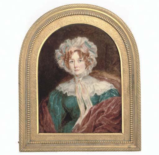Sir William John Newton - Mrs. Cockerell, seated in turquoise dress with white collar and red stole, wearing a frilled bonnet tied under her chin