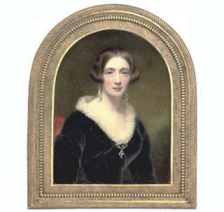 Sir William John Newton - Mrs. Coglan, in low-cut black dress with frilled collar, jewelled drop earrings and pendant at corsage, fair hair