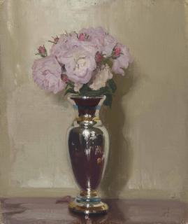Sir William Nicholson - Pink Roses In A Silver Lustre Vase