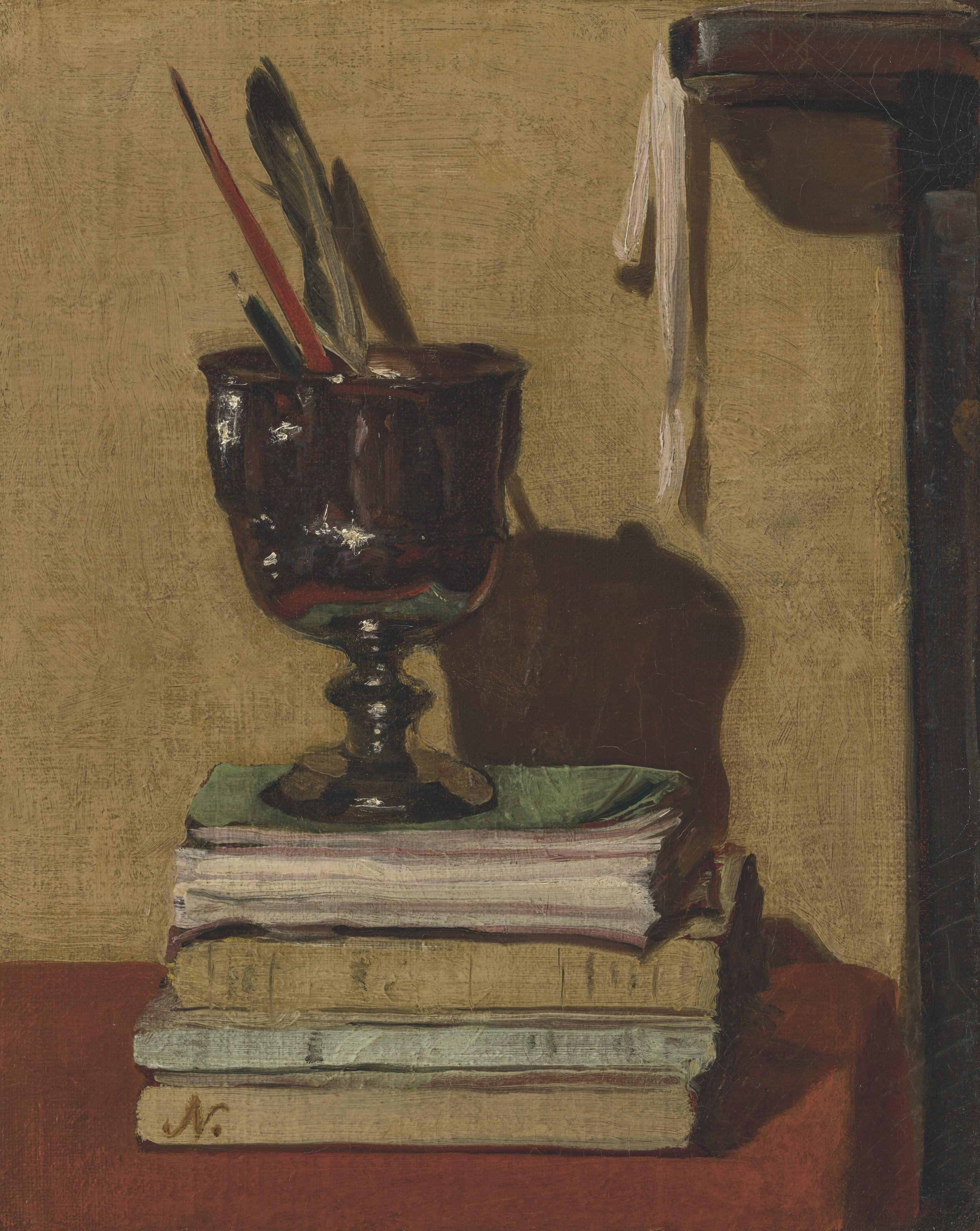 Sir William Nicholson - Vase and Books on a Red Table
