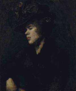 Sir William Rothenstein, N.E.A.C. - Portrait of Ida Nettleship (1877-1907), half-length, in a burgundy dress and hat