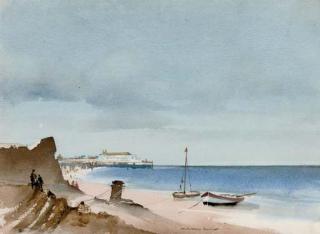 Sir William Russell Flint, R.A., P.R.W.S, R.S.W. - Boats moored near the pier