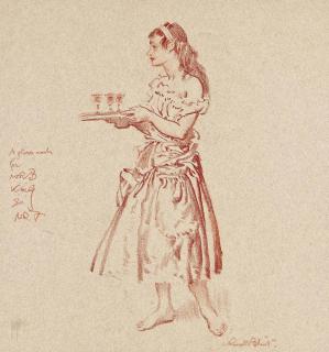 Sir William Russell Flint, R.A., P.R.W.S., R.W.S. - A young girl carrying a tray with three wine glasses