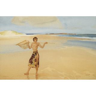 Sir William Russell Flint, R.A., P.R.W.S. - Eve With Her Net (The Shrimper)