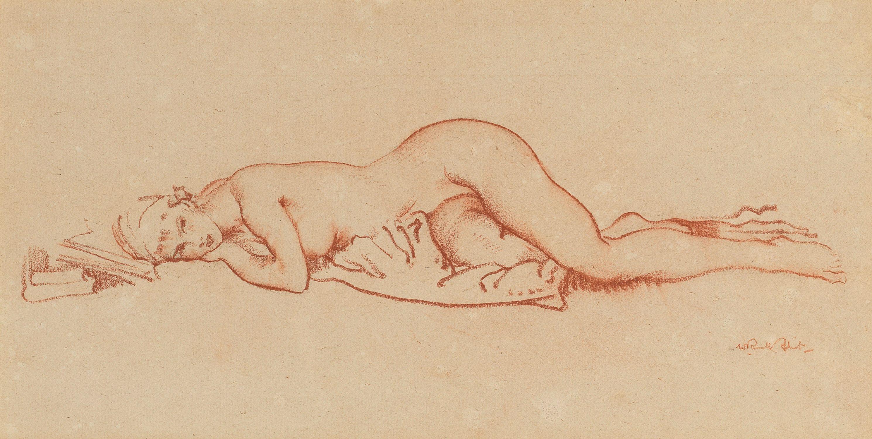 Sir William Russell Flint, RA, PRWS - Reclining nude resting on books