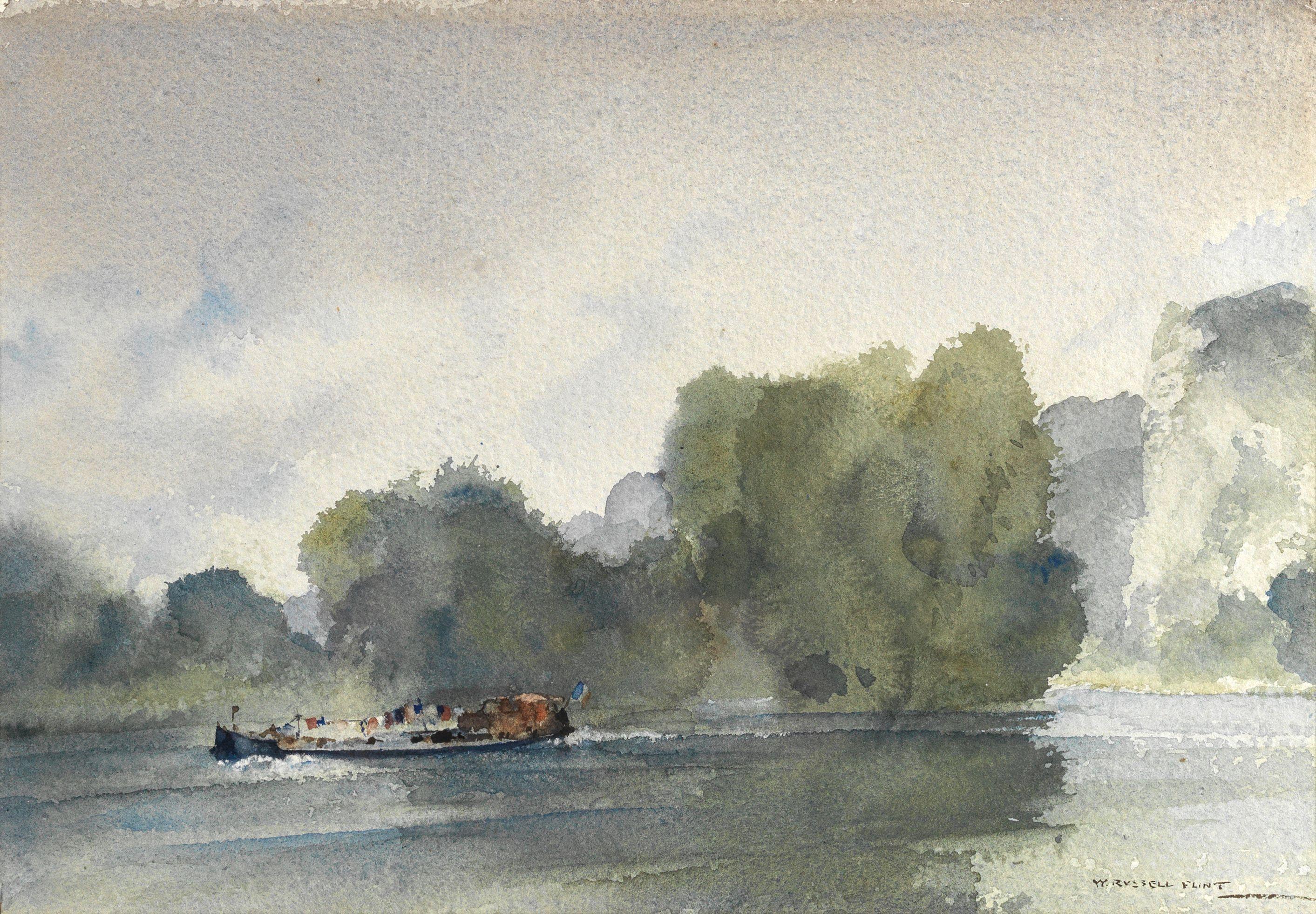 Sir William Russell Flint RA PRWS - \'The Passing Barge, Petit Andely On The Seine\'