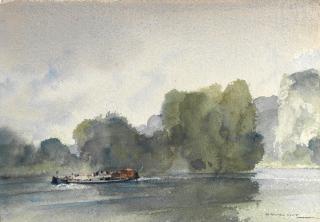 Sir William Russell Flint RA PRWS - \'The Passing Barge, Petit Andely On The Seine\'