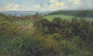 Soedjono Abdullah - An Indonesian Landscape, With Houses, Palm Trees And Rice Fields