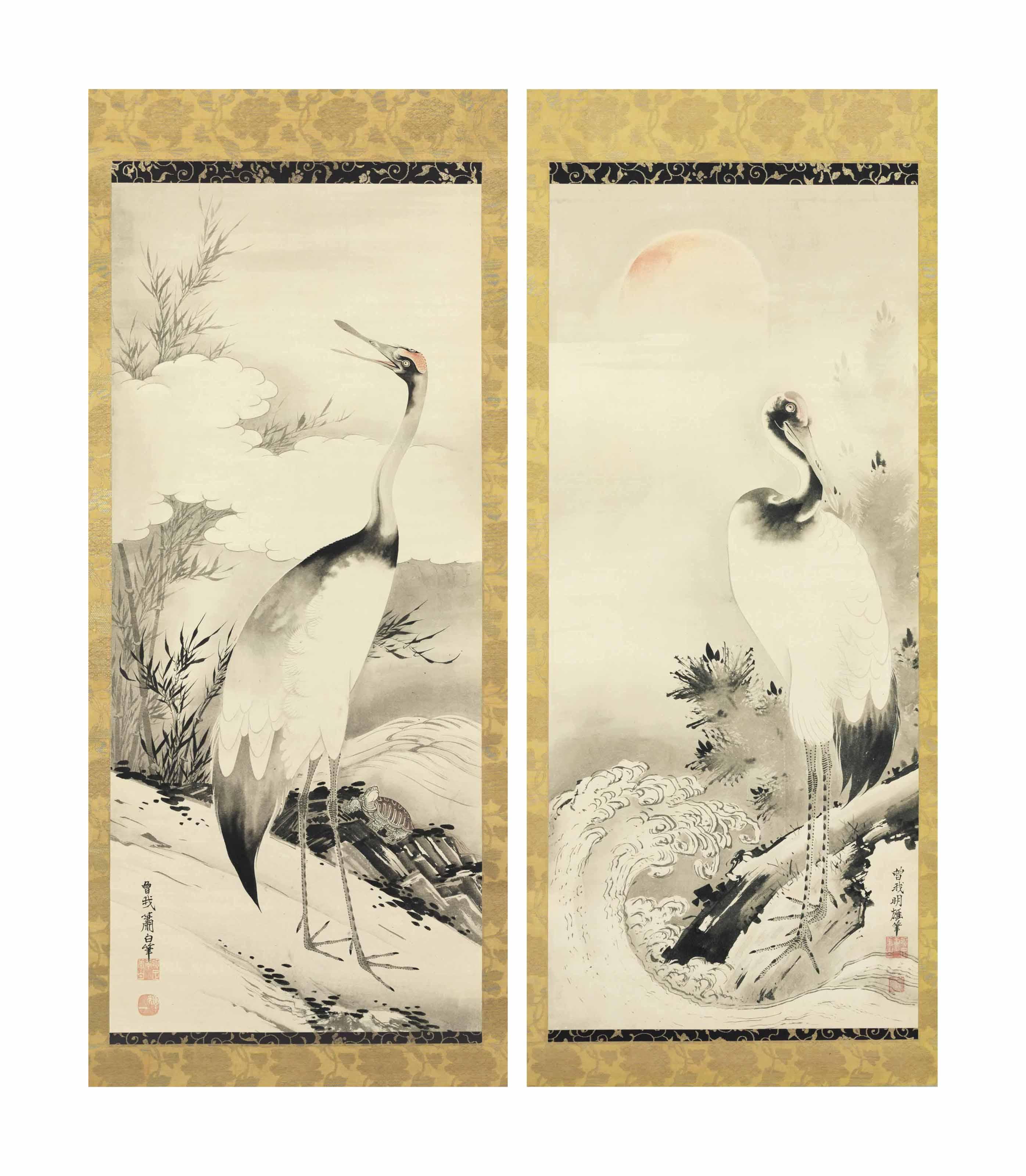 Soga Shohaku - Cranes with turtle and rising sun