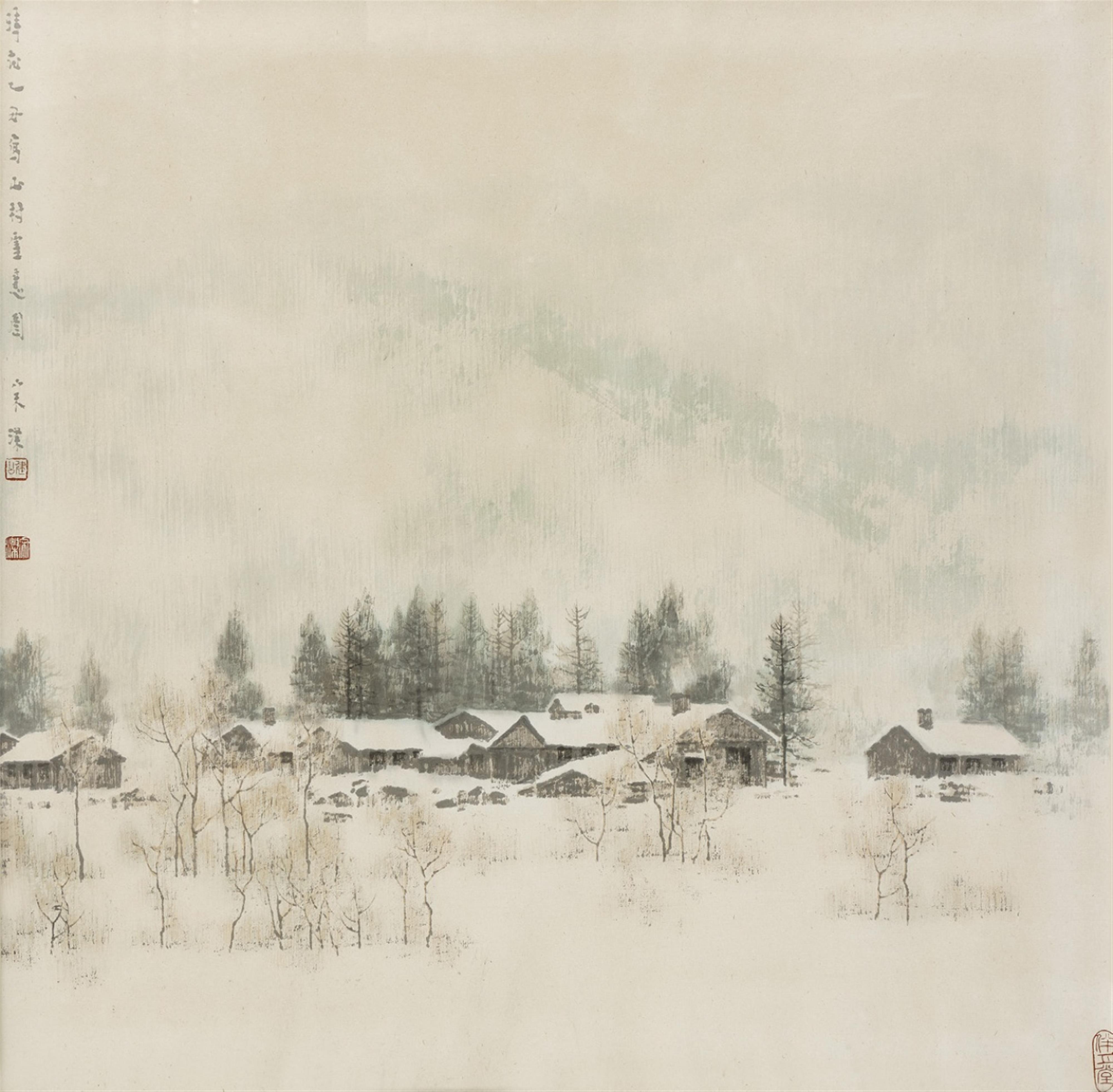Song Di - Dorf in Winterlandschaft. Tusche und leichte Farben auf Papier. Aufschrift, zyklisch datiert yichou (1985), sign.: Song Di, Siegel: Gong Jian, Song Di und Ban yue tang.