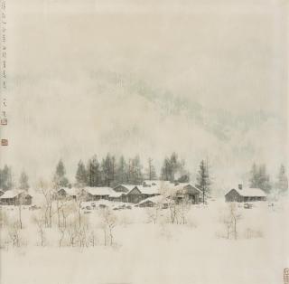 Song Di - Dorf in Winterlandschaft. Tusche und leichte Farben auf Papier. Aufschrift, zyklisch datiert yichou (1985), sign.: Song Di, Siegel: Gong Jian, Song Di und Ban yue tang.