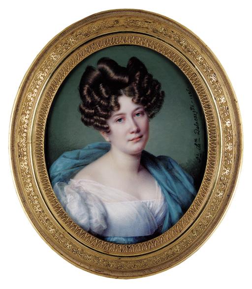 Sophie Clémence Delacazette - A young lady, facing right in white dress with puffed sleeves, fichu caught in her blue sash, turquoise stole draped over her left shoulder, her brown hair tightly curled and upswept in an Apollo knot