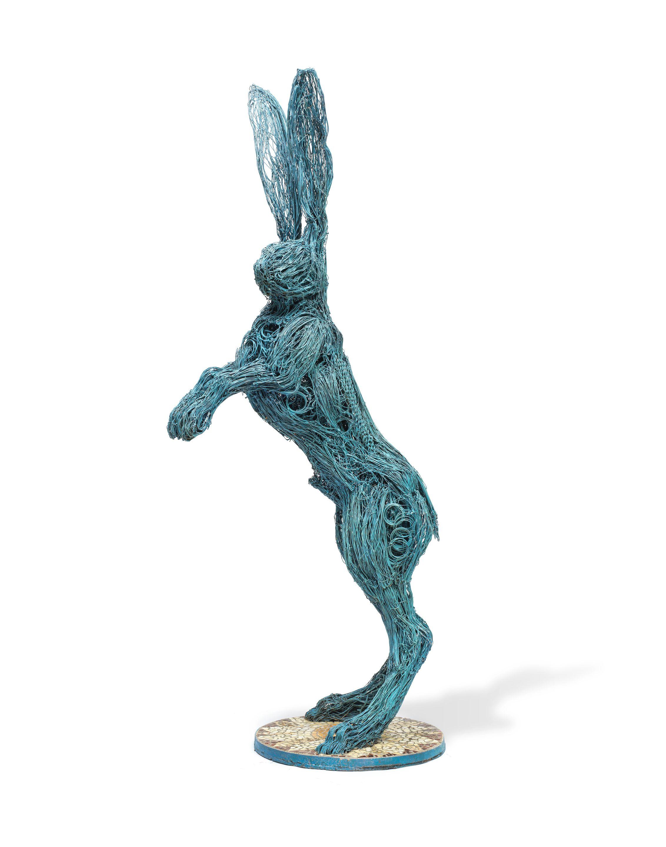 Sophie Ryder - Blue Hare with Sunflower 169 cm. (66 1/2 in.) high (including mosaic base)