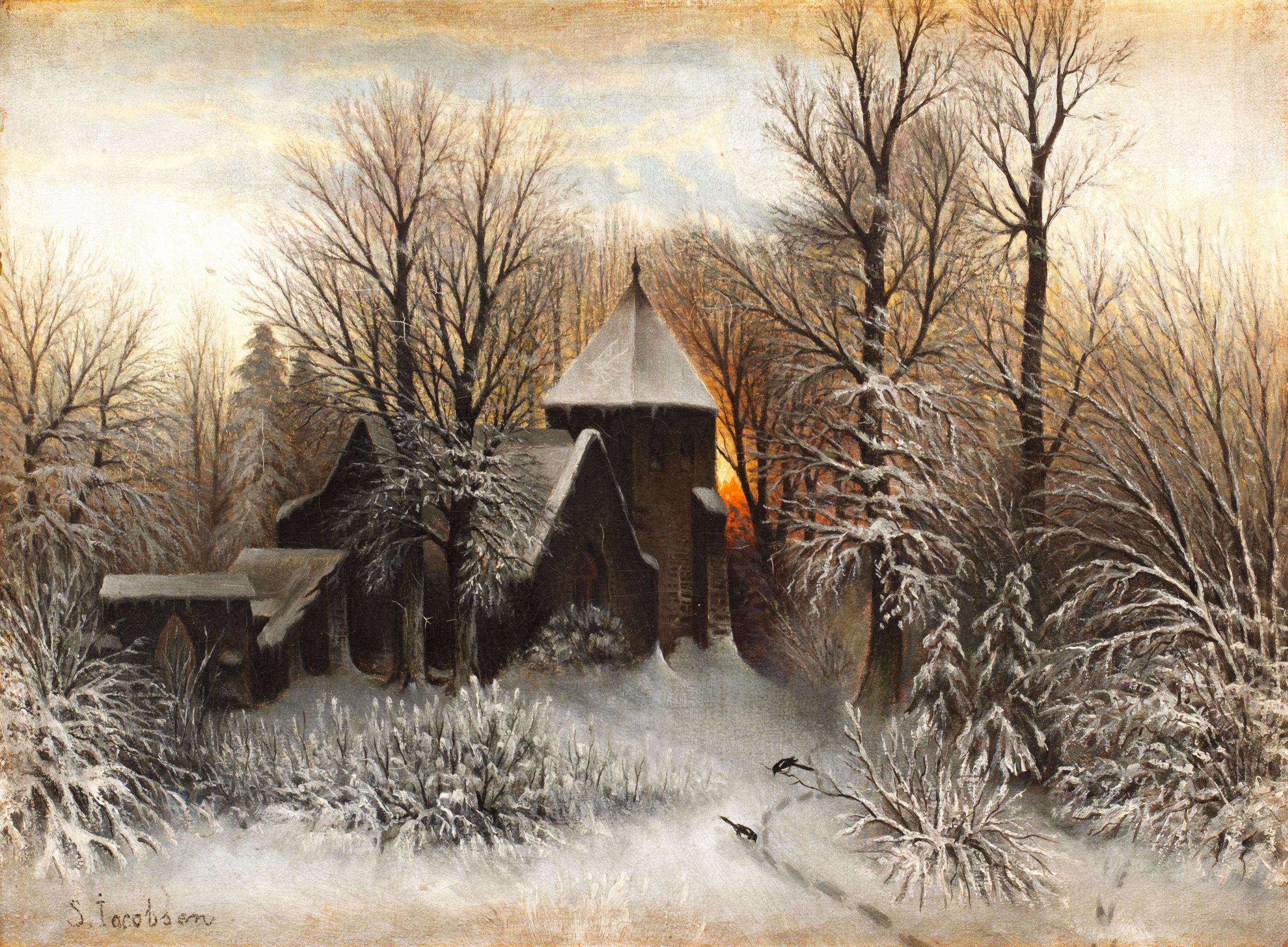 Sophus Jacobsen - Vinterlandskap med kyrka (Winter landscape with church)